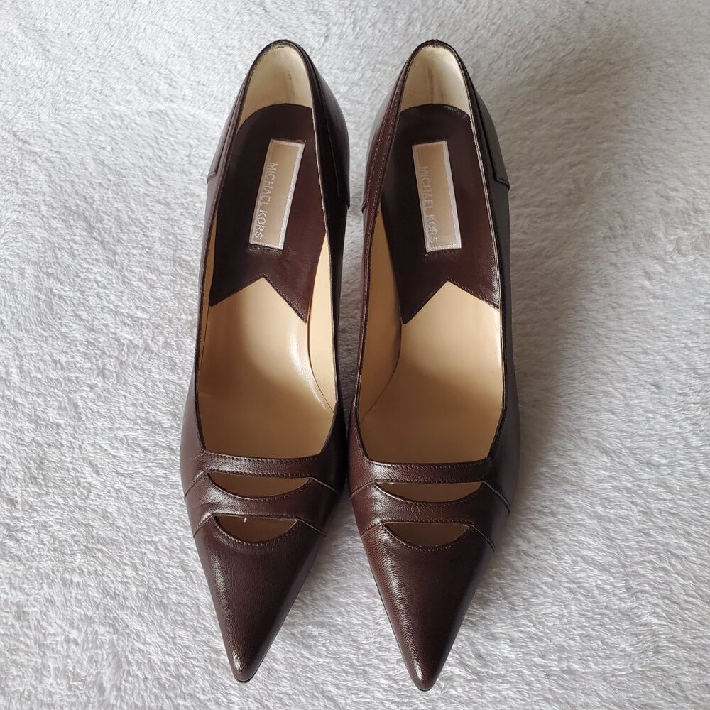 NEW Michael Kors Made in Italy Brown Leather Cut Out Pointed Toe Heels 7.5M
